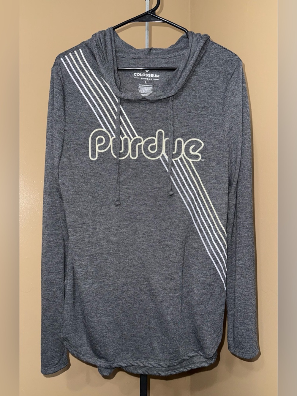 PURDUE  Gray Hooded Pullover with Diagonal Stripe. Size Large.